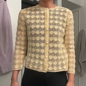 VINTAGE Handmade Crocheted Knit Cotton Cardigan in a Butter/Yellow Cream
